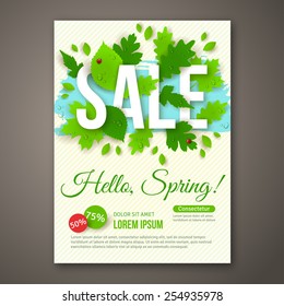 Spring Sale flyer design with green leaves. Vector illustration. Place for  text . Water drops and ladybugs. 