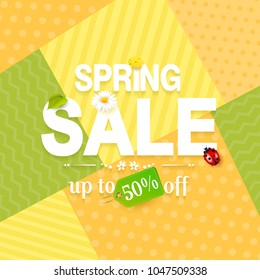 Spring sale flyer with flowers and ladybugs on geometric background