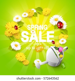 Spring Sale Flyer - Flowers, Ladybugs And Watering Can With Tulips On Green Background