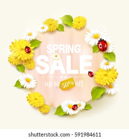 Spring sale flyer with flowers and ladybugs on green background