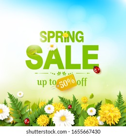 Spring sale flyer with flowers, leaves and grass in front of a sunny meadow.