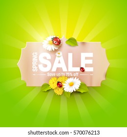 Spring Sale Flyer - Paper Label With Flowers And Ladybugs On Green Background