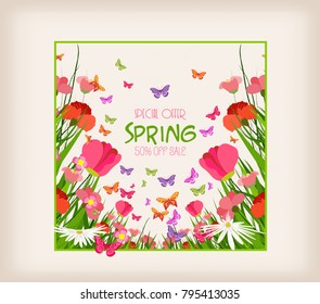 Spring sale flyer - sunny meadow with flowers and butterfly in the grass