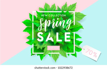 Spring sale flyer template with lettering. Bright green leaves. Poster, card, label, banner design. Bright geometrical background. Vector illustration EPS10
