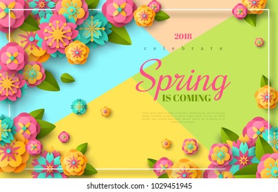 Spring sale flyer template with paper cut flowers and leaves with frame. Bright colorful geometric background. Vector illustration. Fresh design for posters, brochures or vouchers.
