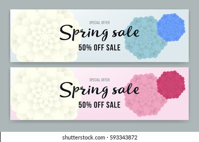 Spring Sale flyer or voucher design set. Vector illustration with Place for your text message. Poster, Sale Flyer with colorful flower. Best price. Wallpaper, invitation, brochure, voucher discount