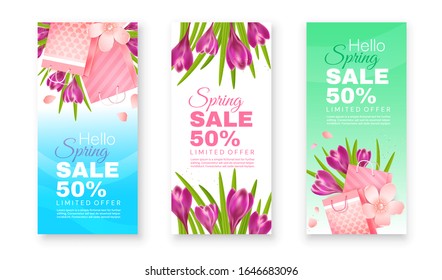 Spring sale flyers . Crocuses and apple blossoms with gift bags on a blue, white and green background. Set of vector flyers.