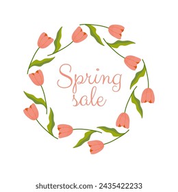Spring sale, frame with floral border with lettering and different flowers for poster, banner, advertisement