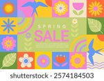 Spring sale geometric banner with elements and symbols of season, flowers,leaves, swallow and promo text.Discounts for spring season. Trendy template for web, social media ads,retail, shops,web.Vector