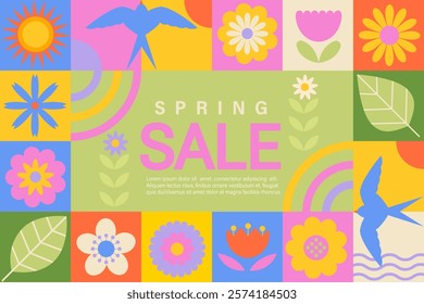 Spring sale geometric banner with elements and symbols of season, flowers,leaves, swallow and promo text.Discounts for spring season. Trendy template for web, social media ads,retail, shops,web.Vector