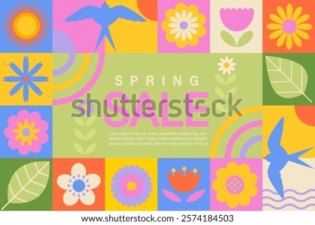 Spring sale geometric banner with elements and symbols of season, flowers,leaves, swallow and promo text.Discounts for spring season. Trendy template for web, social media ads,retail, shops,web.Vector