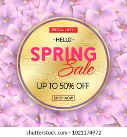 Spring sale gold banner on pink hydrangea flowers background. Vector illustration