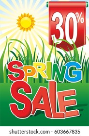 Spring sale, green grass, sun. Vector illustration