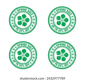 Spring sale green grunge stamp set. Sale 35, 45, 55, 65 percent off discount. Vector illustration