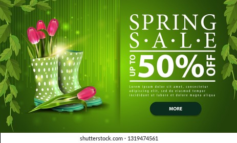 Spring sale, green horizontal discount modern banner with button and rose in the watering can