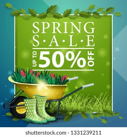 Spring sale, green postcard template with lettering, frame of liana and garden wheelbarrow with tulips