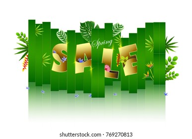 Spring Sale green tropical leaves background. Vector Illustration.