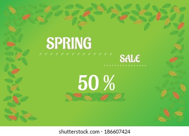 spring sale green vector background with leaves