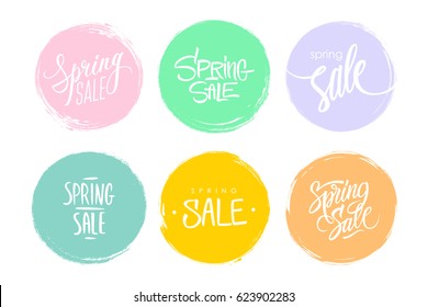 Spring Sale hand drawn lettering. Set of special offer signs with handwritten text design and circle brush stroke backgrounds for business, promotion and advertising. Vector illustration.