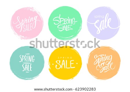 Spring Sale hand drawn lettering. Set of special offer signs with handwritten text design and circle brush stroke backgrounds for business, promotion and advertising. Vector illustration.