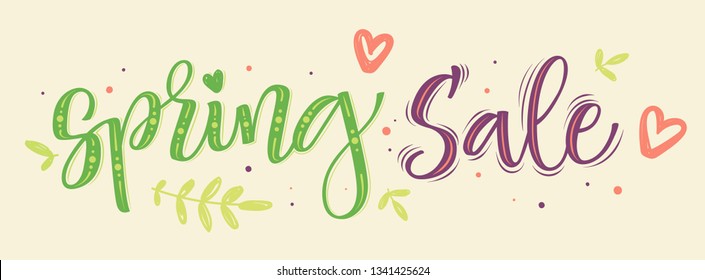 Spring sale. Hand lettering calligraphy with inspirational phrase. Hand drawn colourful lettering light backgroung. Elegant modern handwritten calligraphy. Vector Ink illustration. Modern sale. 