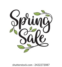Spring sale hand lettering composition with new leaves