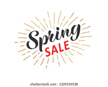 Spring sale hand written lettering with retro styled golden sun rays. Discount banner, vector illustration.