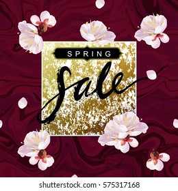 "Spring Sale" hand written lettering. Blossom mood illustration. Flayer vector template. Textured plum tree flowers and petals on marble background. Shabby gold and purple velvet texture.