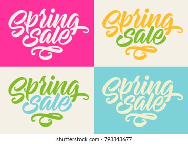 spring sale, handwritten inscription, calligraphy, lettering, set of cards