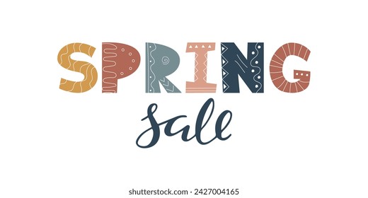 Spring Sale handwritten Lettering text Isolated on white. Scandinavian style Decorative colorful letters. Hand drawn promo Label. Design element for banner, store advertising. Seasonal discount offer