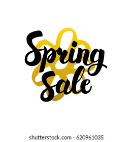 Spring Sale Handwritten Lettering. Vector Illustration of Calligraphy and Nature Plants Design Element.