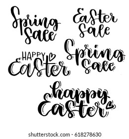 Spring sale. Happy Easter. Set of Handwriting lettering Happy Easter. The phrase in black on a white background.
