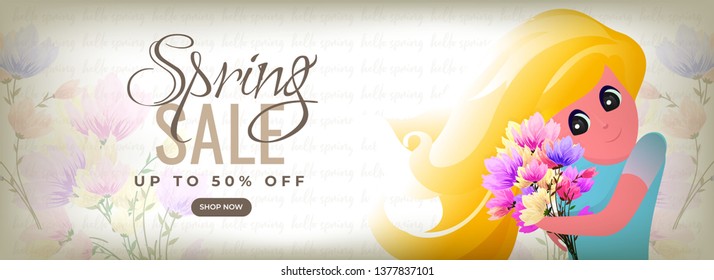 Spring Sale header or banner design with 50% discount offer and beautiful young girl holding bouquet.