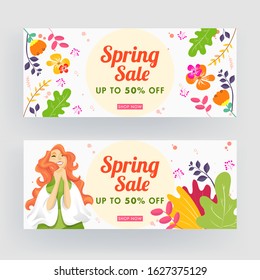 Spring Sale Header or Banner Design with 50% Discount Offer, Cheerful Young Girl Character and Colorful Floral Decorated Background.