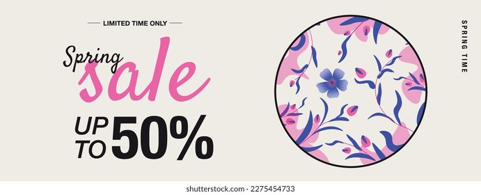 Spring Sale Header or Banner Design with Get Extra 50% Off. Pink and blue flowers on pastel Background.