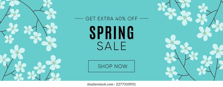 Spring Sale Header or Banner Design with Get Extra 40 Off with flowers on blue Background. Vector EPS10