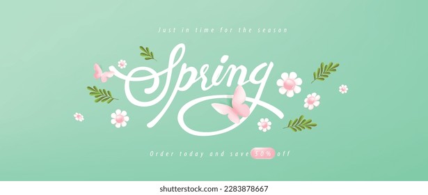 Spring Sale Header or Banner Design Promotion offer layout with fresh bloom flowers and butterfly elements