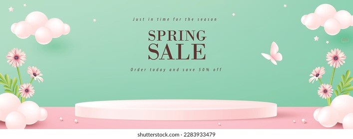 Spring Sale Header or Banner Design Promotion offer layout with fresh bloom flowers and butterfly elements product display cylindrical shape 