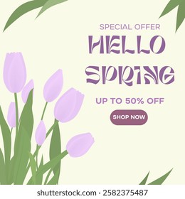 Spring Sale Header or Banner Design, Minimalistic style with floral elements and texture. Editable vector template for card, banner, invitation, social media post, poster, mobile apps, web ads