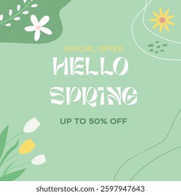 Spring Sale Header or Banner Design, Minimalistic style with floral elements and texture. Editable vector template for card, banner, invitation, social media post, poster, mobile apps, web ads
