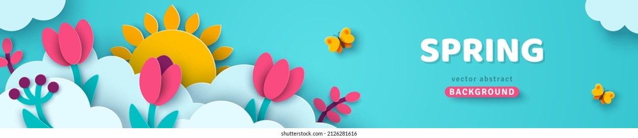 Spring sale header or voucher template, tulips and paper cut clouds. Horizontal banner with blue sky, sun, flowers. Place for text. Happy Women's day, 8 march or Mother's day border frame, promo card