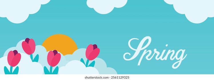 Spring sale header or voucher template, tulips and paper cut clouds. Horizontal banner with blue sky, sun, flowers. Place for text. Happy Women's day, 8 march or Mother's day border frame, promo card