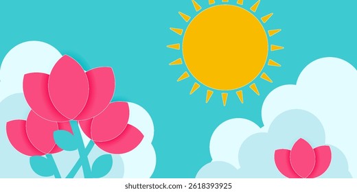 Spring sale header or voucher template, tulips and paper cut clouds. Horizontal banner with blue sky, sun, flowers. Place for text. Happy Women's day, 8 march or Mother's day border frame, promo card