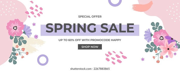 Spring sale, hello spring banner with vivid bright flowers and abstract shapes for template, banner, flyer, poster, invitation, brochure design. Vector illustration