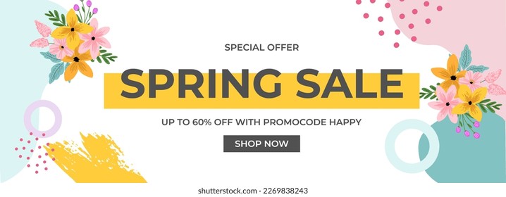 Spring sale, hello spring banner with vivid bright flowers and abstract shapes for template, banner, flyer, poster, invitation, brochure design. Vector illustration