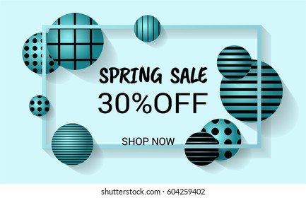 Spring sale horizontal background with trendy patterned balls. Vector illustration template. For  banners, wallpaper, flyer, leaflet,invitation, posters, brochure, voucher discount.