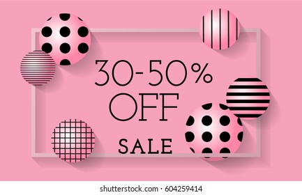 Spring sale horizontal background with trendy patterned balls. Vector illustration template. For  banners, wallpaper, flyer, leaflet,invitation, posters, brochure, voucher discount.