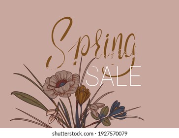 Spring sale. Horizontal banner with flowers in trendy brown shades