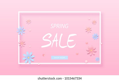 Spring Sale horizontal banner on pink background. Template for advertising. Pastel palette colors. Element for graphic design - poster, flyer, brochure, card. Vector illustration.