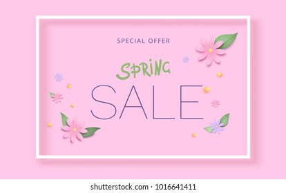 Spring Sale horizontal banner on pink background with frame and flowers. Template for advertising. Element for graphic design - poster, flyer, brochure, card. Vector illustration.